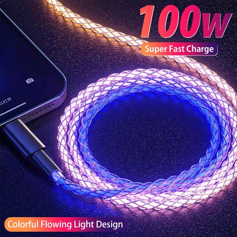 Cabo De Dados De Carregamento Rápido Luminoso Colorido De 100 W-Fio Luz Gradiente RGB-Carregador Tipo C Para USB A De 66