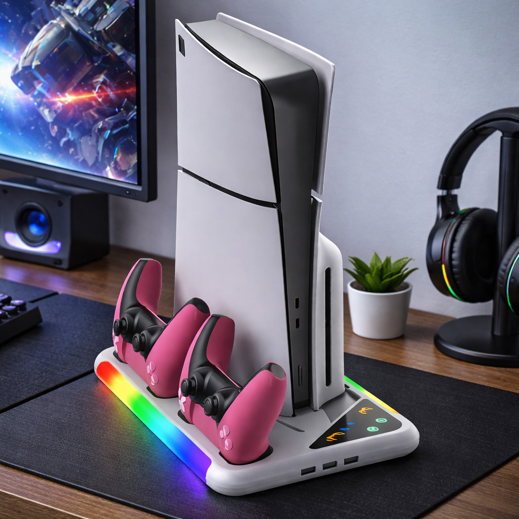 Suporte Vertical PS5 Slim Pro com Cooler RGB e Carregador Controle SUP-3557D
