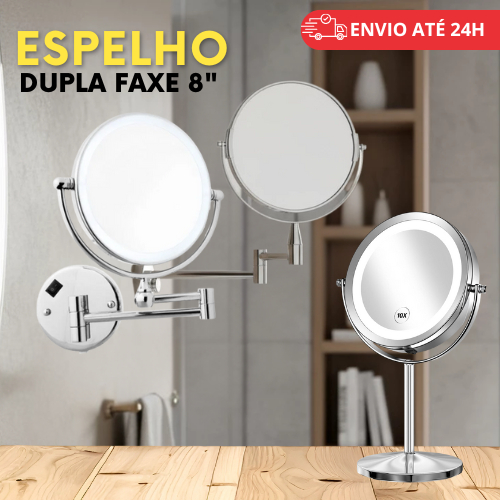 Espelho Emoldurado Dupla Face 8” com Aumento | Com ou Sem LED • Recarregável USB • Articulado • Latão Cromado • Uso Inte