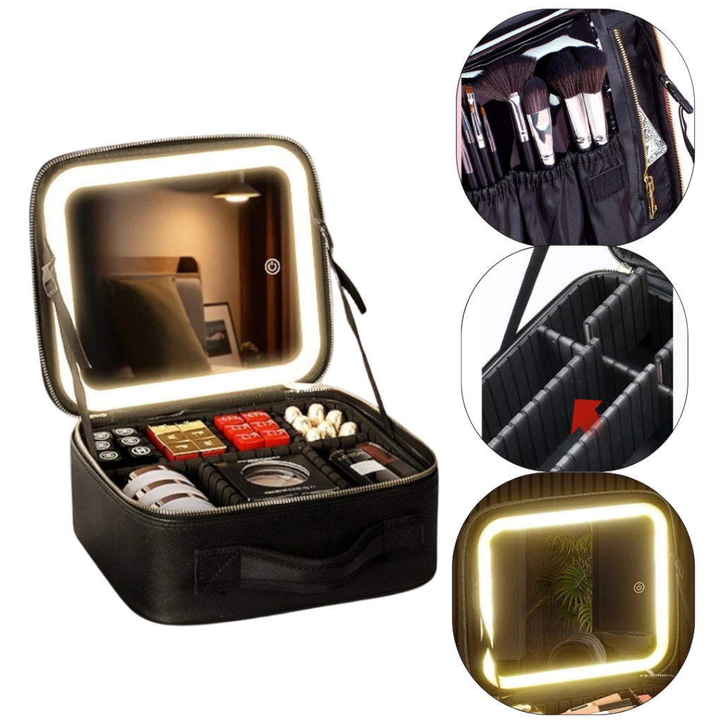 Bolsa Estojo Maleta Organizador Maquiagem Espelho Led Usb Necessaire Couro Sintético Bag Viagem