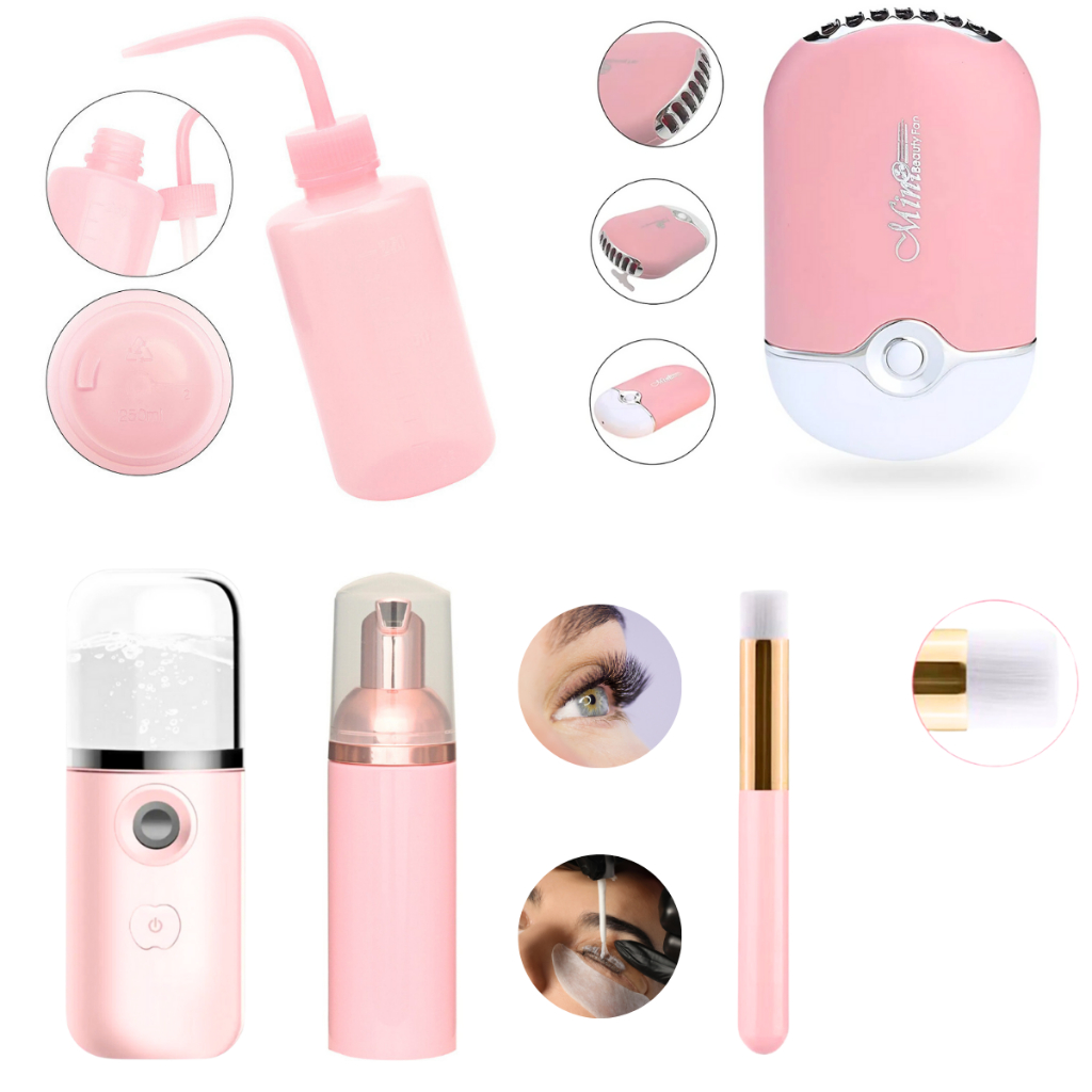 Kit Limpeza Completo Extensão De Cílios Nano e Ventilador USB Frasco Pump Pincel Limpeza Pisseta