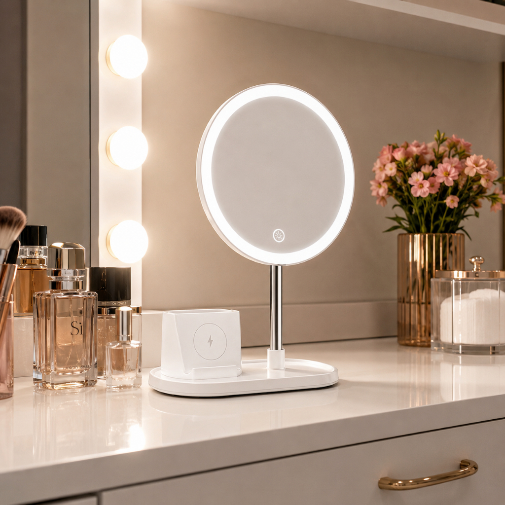 Luminária de Mesa com Espelho Touch 3 Cores com Carregamento Celular Indução Recarregavél