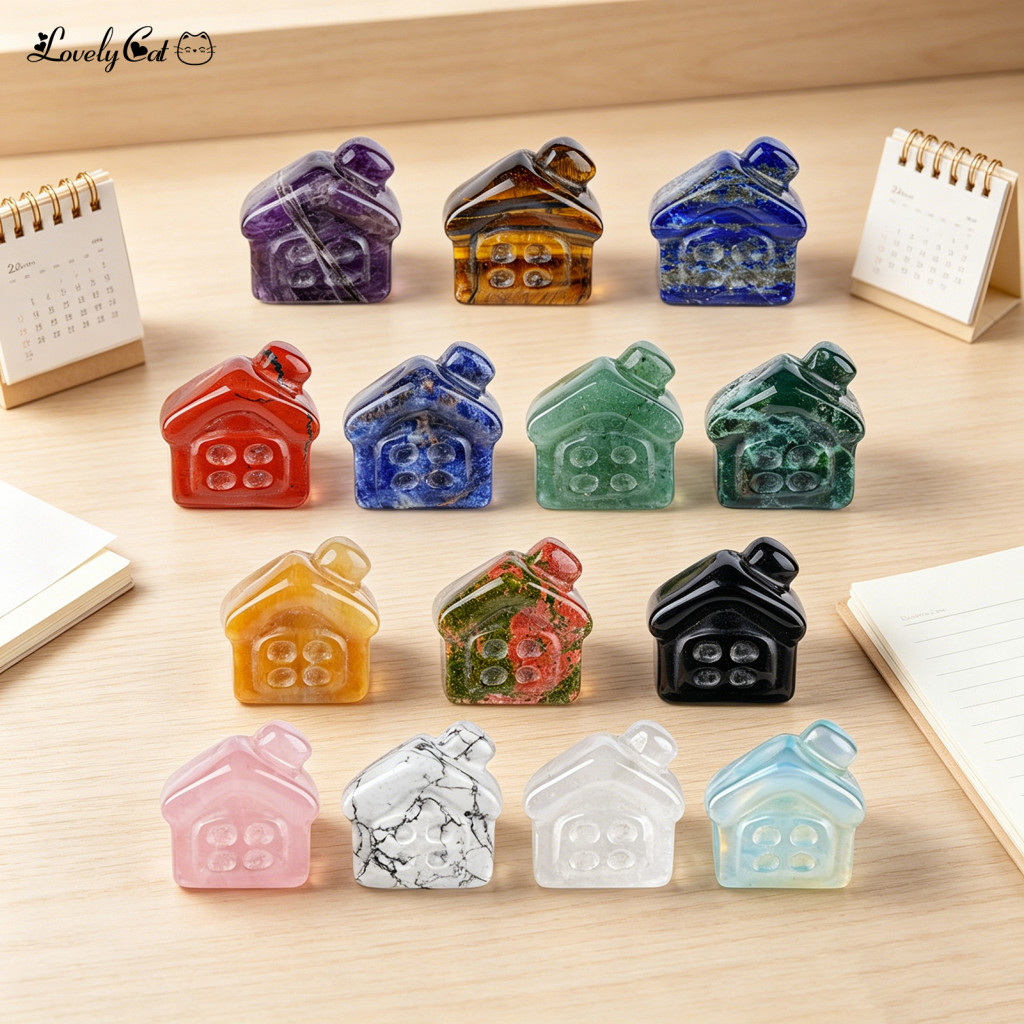 Texture Stone Decor Polished Craft Hand Carved Natural Mini House Figurine – Gemstone Desktop Ornament for Home Office