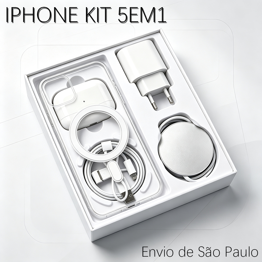 2026 Kit 5 em 1 para iPhone 11/12/13/14/15/16 Pro com Capa Cabo PD Fast Charger Carregador sem Fio e Bluetooth Headset
