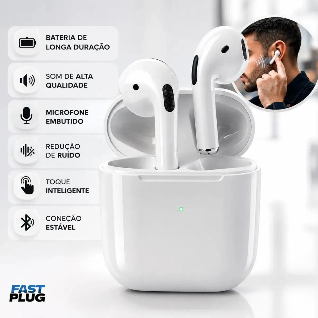 Fone De Ouvido Bluetooth Sem Fio Bateria Longa Duração Pro 4 Fast Plug Com Case Carregador/Microfone