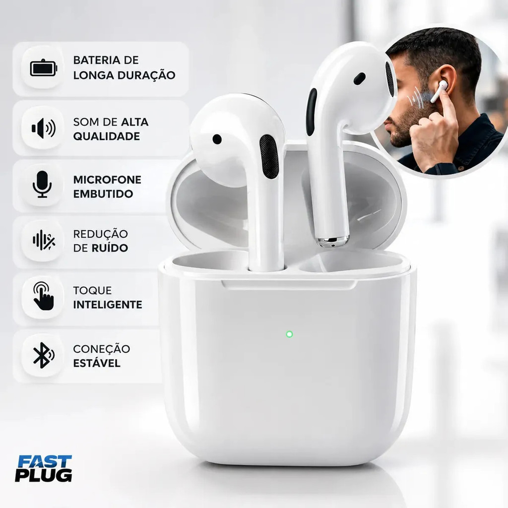 Fone De Ouvido Bluetooth Sem Fio Bateria de Longa Duração  Conecta Rápido Fast Plug Com Case Carregador E Microfone