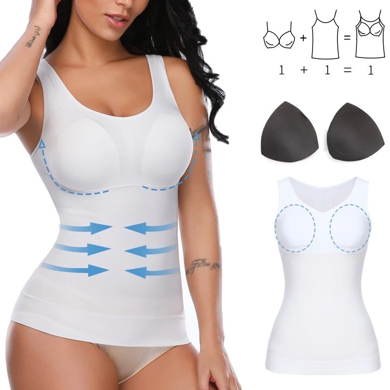 Camiseta Modeladora Shapewear da Genie Wireless com Almofadas para o Peito, Controle de Abdômen, Colete Esportivo TKEU