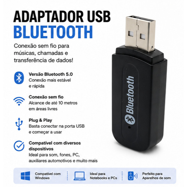 Adaptador Receptor Bluetooth P2 para Áudio USB de Carro