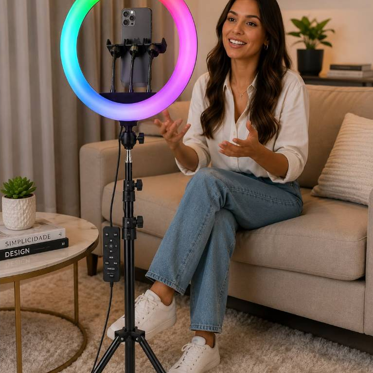 ring light rgb 18pol 45cm professional tomate mlg-112 com controle remoto e 3 suportes celular