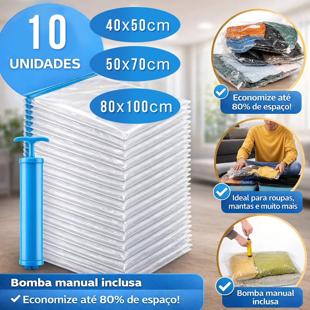 Kit 10 Vacuum Bag WITH Pump Clothes Organization Travel Suitcase Wardrobe Duvet Blanket Various Sizes