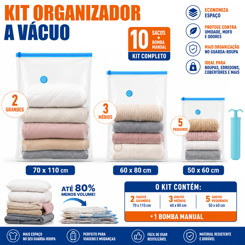 Kit 10 Vacuum Bag Mix Clothes Organizer Travel Suitcase Wardrobe M G GG 50x60 60x80 70x110 Large for Clothes, Space Orga