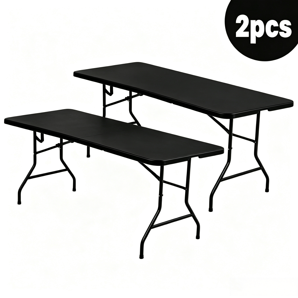 Kit of 2 Portable Folding Tables Converts into a Suitcase with Handle 1.80m Camping Travel Black White Domus Vita