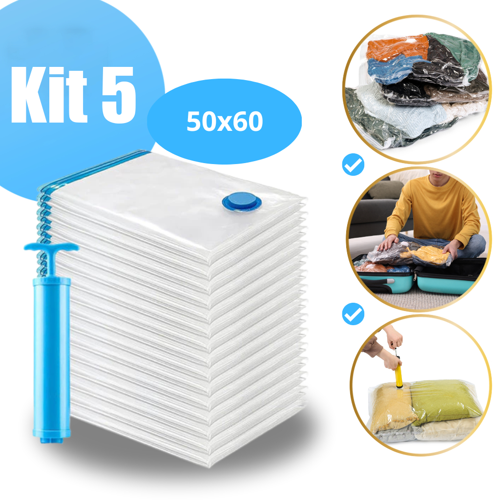 Kit 5 Vacuum Bag Kit 50x60cm Airtight Clothes Organizer Travel Suitcase Wardrobe + Pump