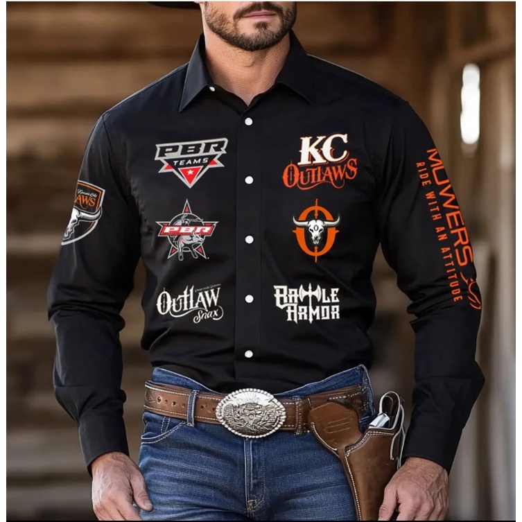 Camisão Rodeo Western Cowboy PBR Teams Long Sleeved Black Shirts