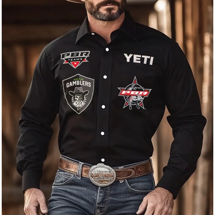 Camisão Tipo Rodeio Western Cowboy PBR Teams Long Sleeved Black Shirts