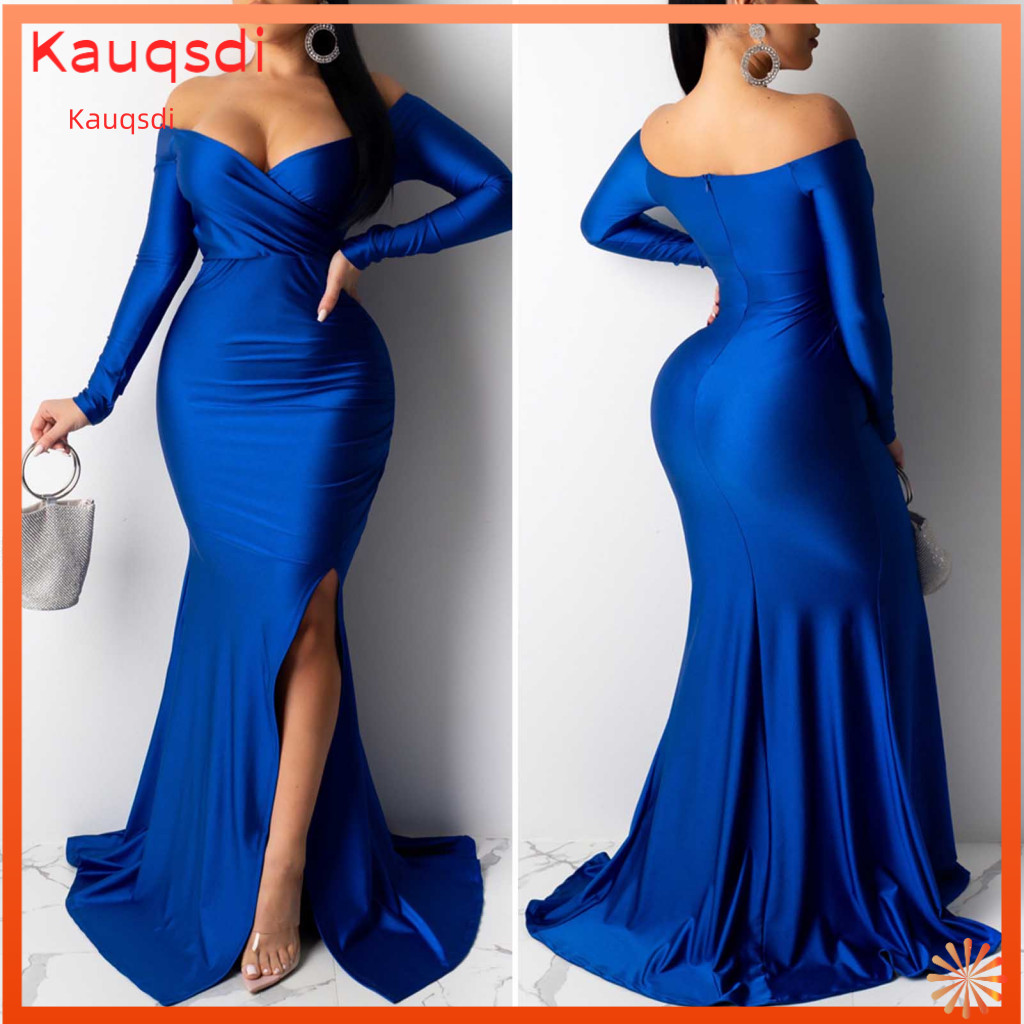 V-neck Long-sleeved Dress Solid Color Elegant V Neck Off Shoulder Evening for Women Side Slit Floor-length Maxi Gown wit