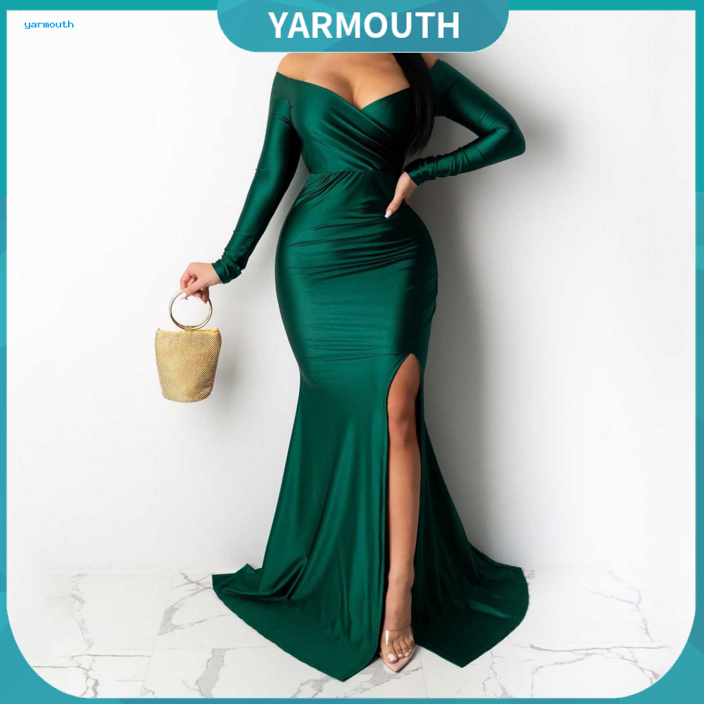 V-neck Long-sleeved Dress High Slit Elegant V Neck Off Shoulder Evening for Women Side Floor-length Maxi Gown with Long