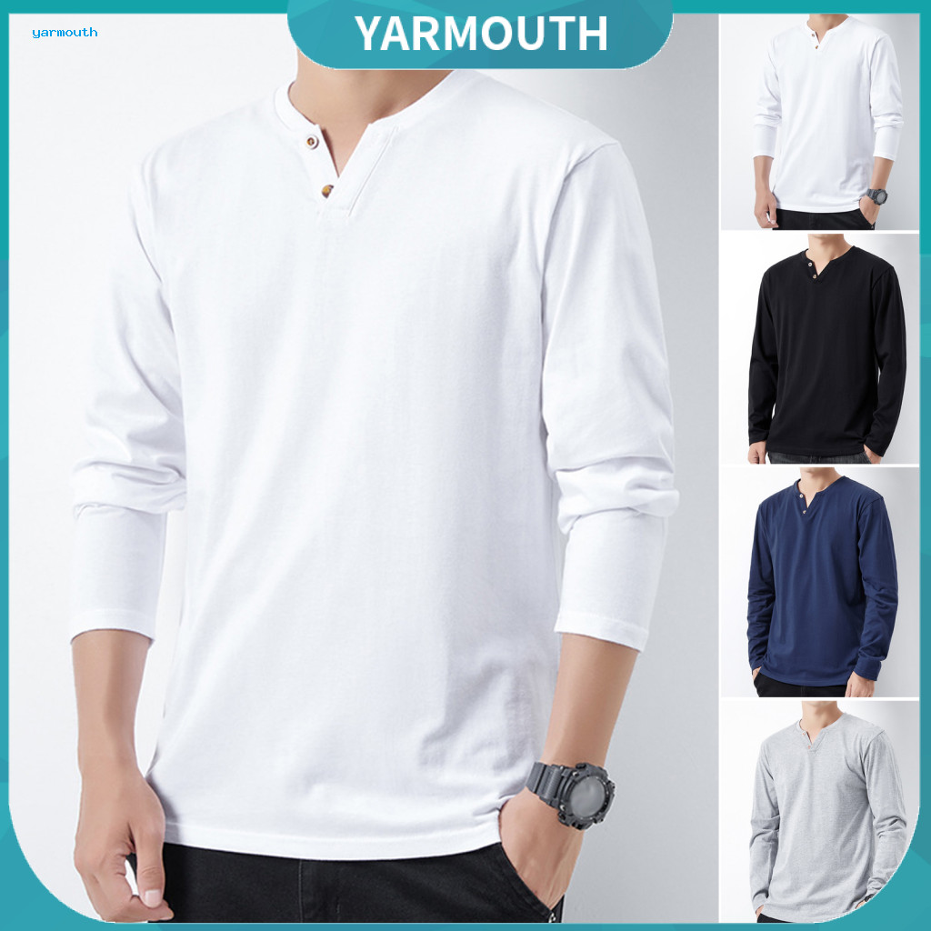 Mid Length Top Long-sleeved Men's Spring Fall V-neck Buttoned Long Sleeve Pullover T-shirt Loose Fit Solid Color Casual