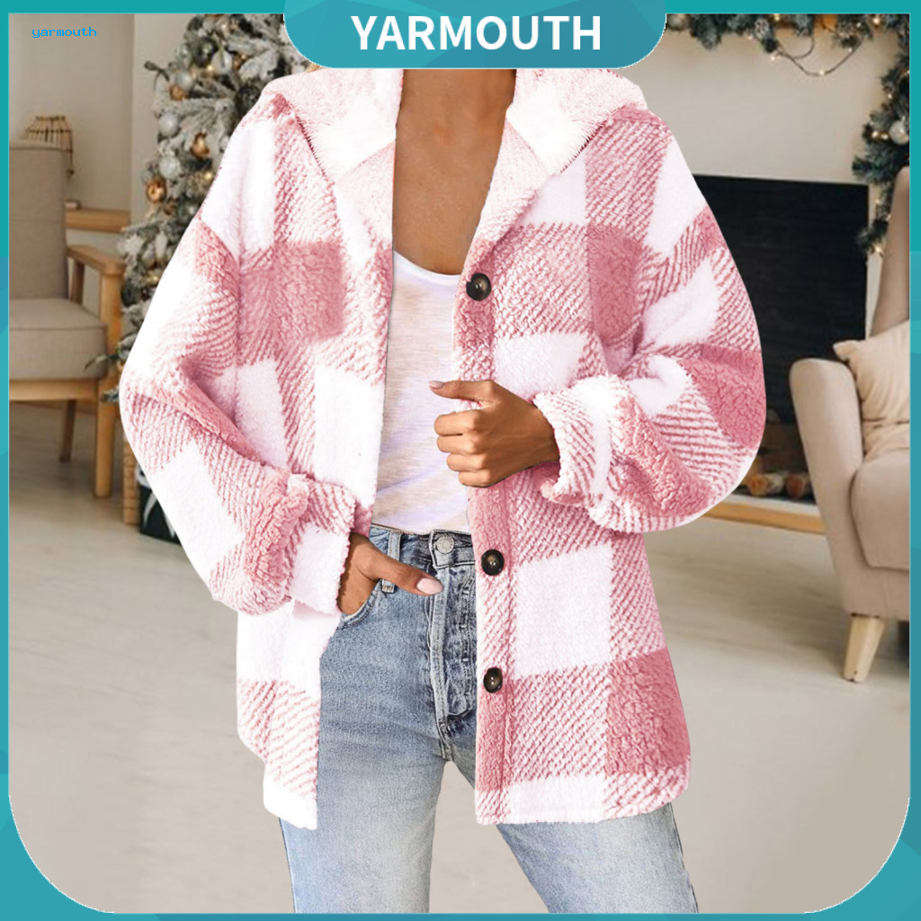Women Long-sleeved Jacket Plaid Design Women’s Winter Coat Plush Lined Flannel Hooded Thick Warm Single-breasted Long