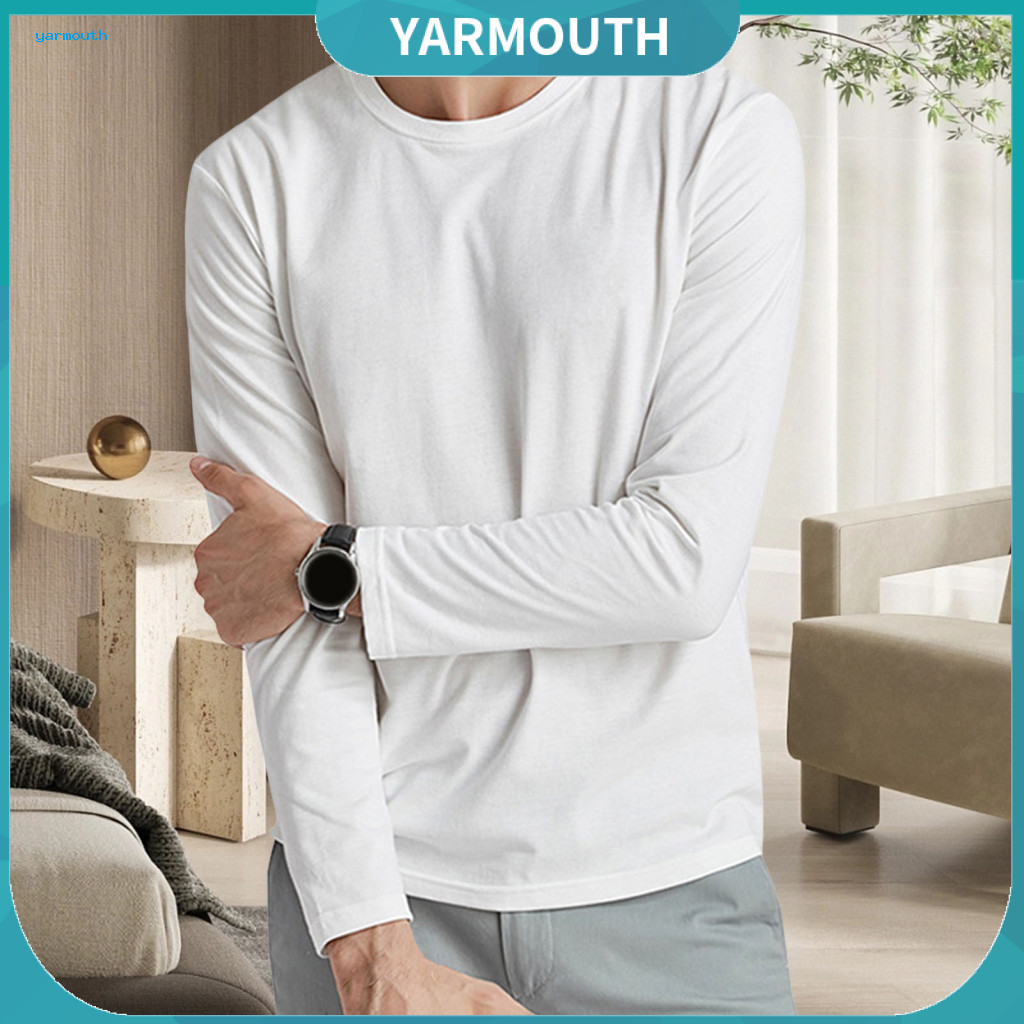 Long-sleeved Top Autumn Men's Spring Fall Long Sleeve Slim Fit T-shirt Round Neck Pure Color Pullover Lightweight Casual