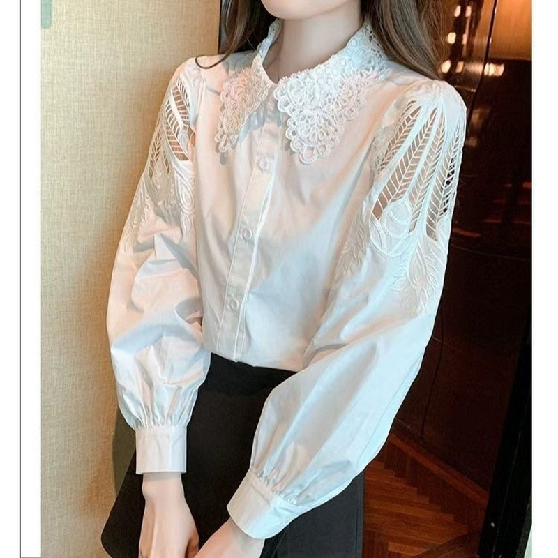 Plus-size cotton shirt with French embroidery, spring and autumn style, slimming, long-sleeved, elegant, hollow-out desi