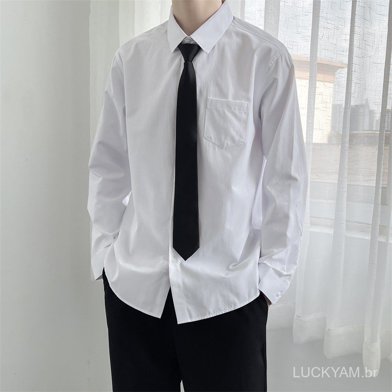 White long-sleeved shirt for men, Japanese style, loose fit, solid color, comes with a tie, suitable for couples dk Unif