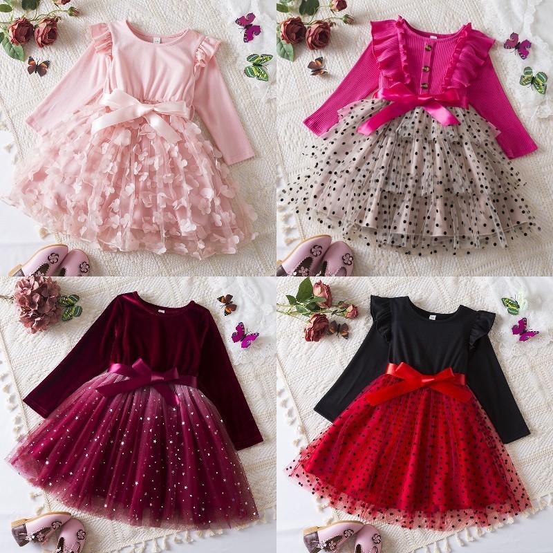 WFRV Girls'  Long Sleeved Casual Skirts Bow Sequin Polka Dot 3D Flower Dress Girl's 2-8 Birthday Party Christmas Dress