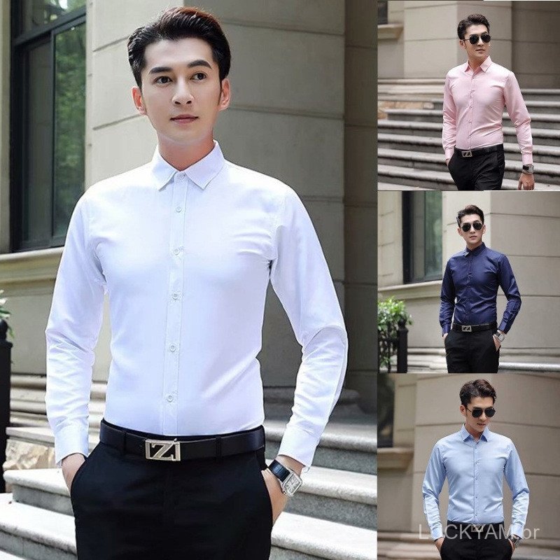 [Professional shirt]Work shirt Casual top White long-sleeved men's business solid color slim-fit shirt, groomsmen shirt,