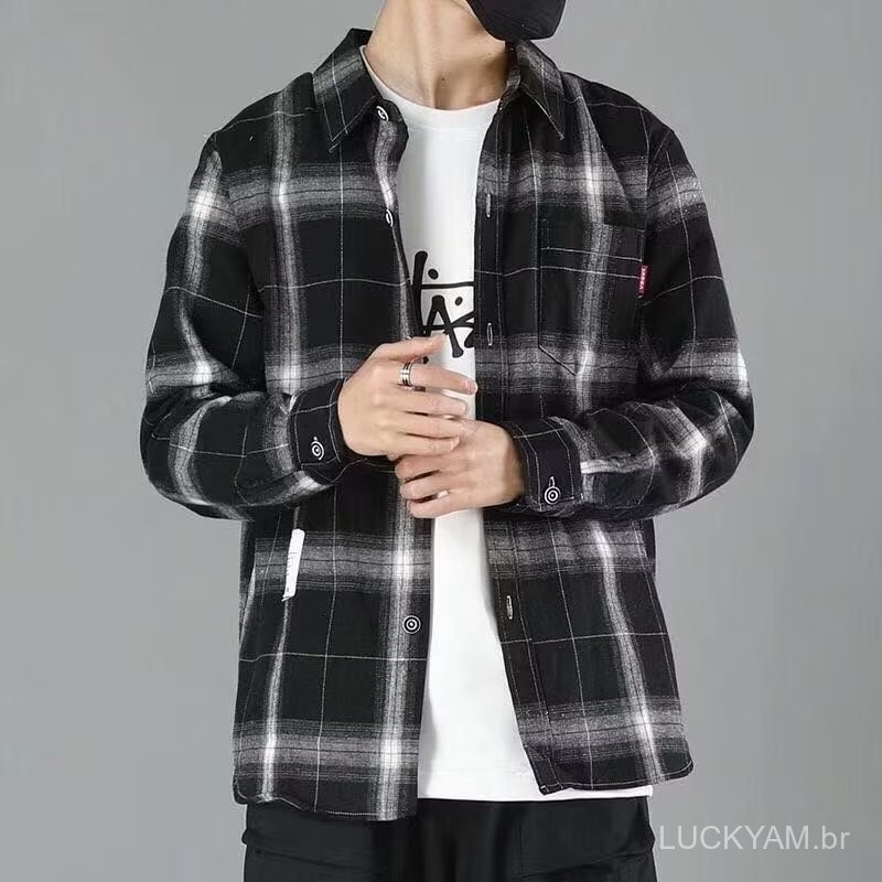 [Plaid Shirt]Spring men's youthful, popular, versatile, trendy Harajuku style ins Casual long-sleeved fashionable new tr