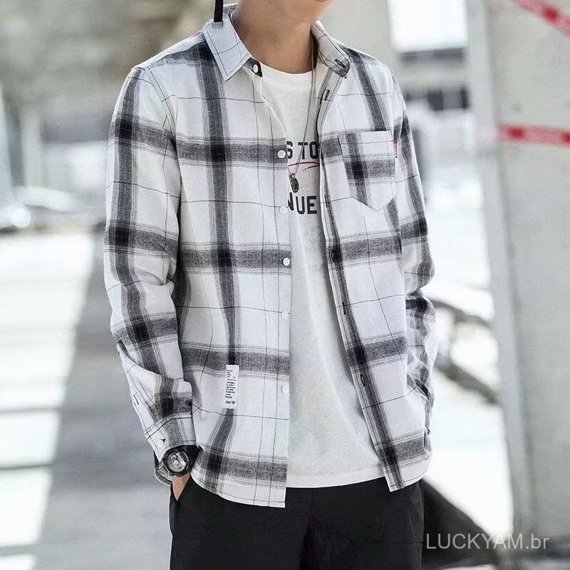 [American-style shirt]Loose-fit top New Product Flash Sale Plaid long-sleeved men's shirt in Korean style, trendy, styli