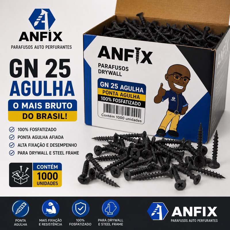 Parafuso Drywall ANFIX  GN 25 Cx 1000 pcs - 3,5 x 25 mm Ponta Agulha Fosfatizado Preto