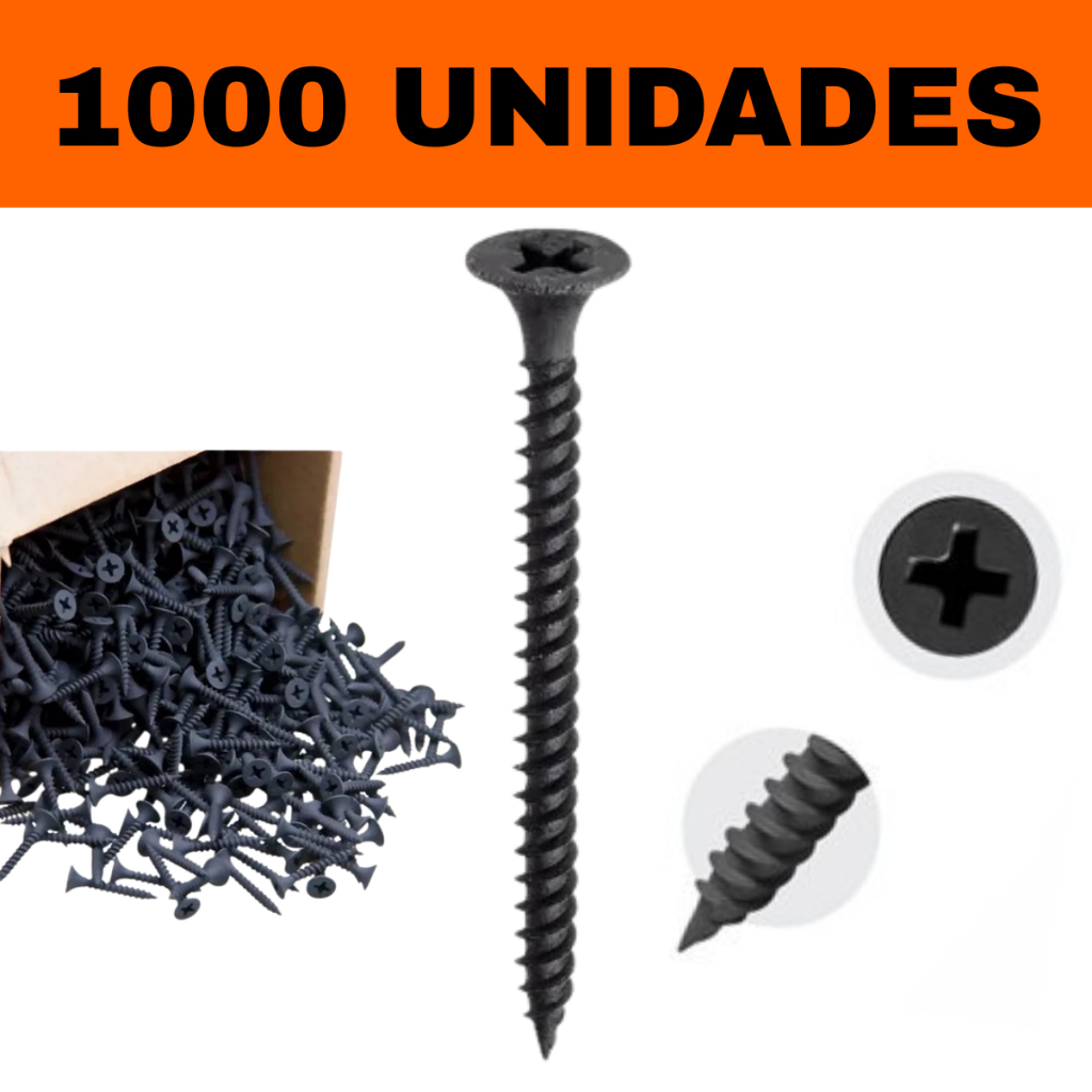 Kit 1000 Parafuso Drywall Trombeta Ponta Agulha Phillips 35x25mm Preto Parafusos