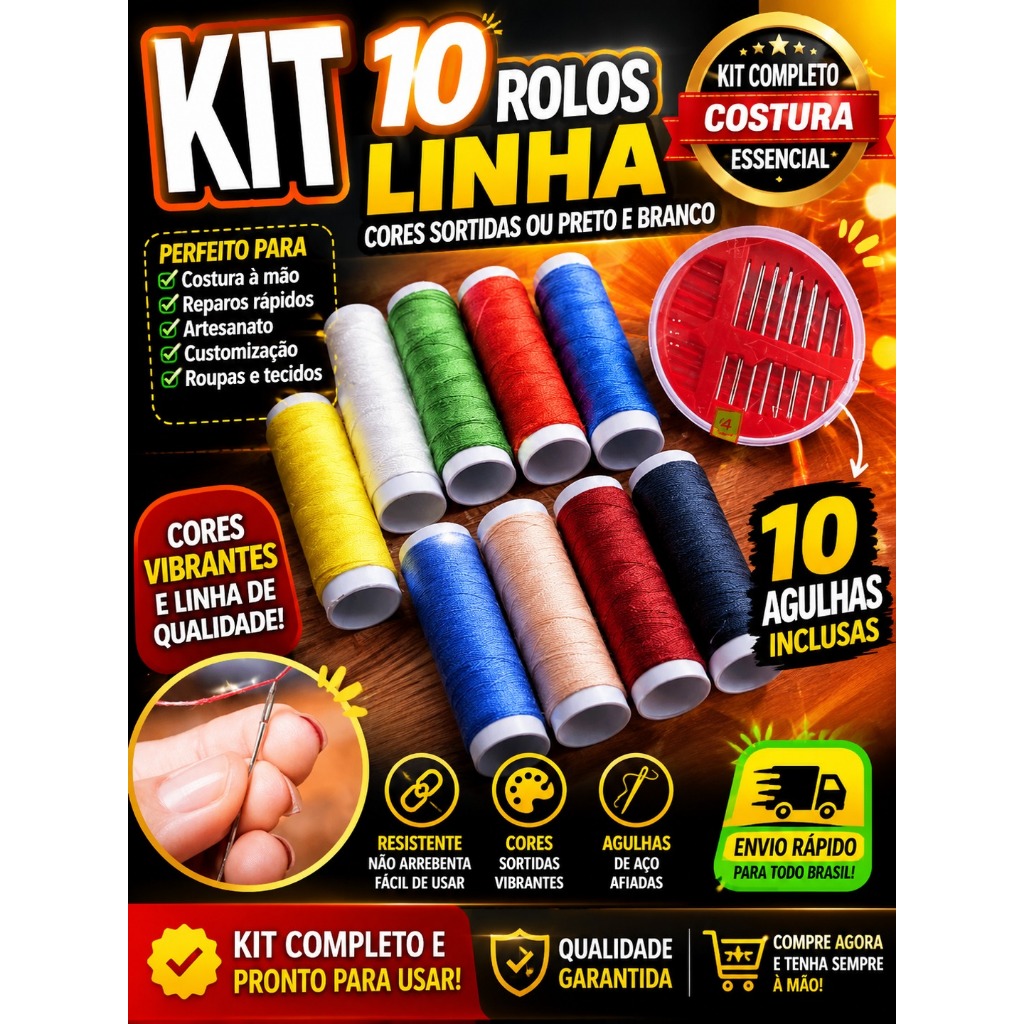 Kit 10 Rolos Linha Cores Sortidas ou Preto e Branco Costura e 10 Agulhas