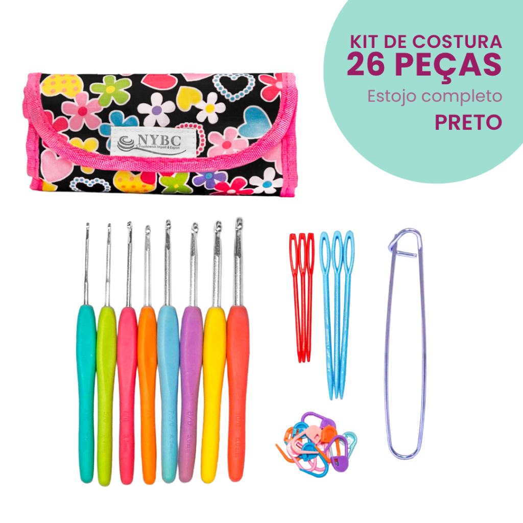 Kit De Costura  Agulhas de Crochê Preto - Com 26 Peças - Kaftor