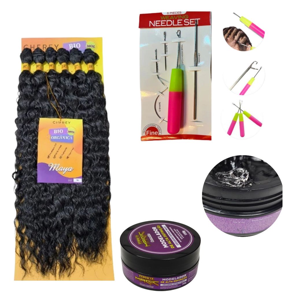 Kit Trança Maya Bio 300g Preto + Pomada Modeladora 150g + Kit Agulhas para Trança
