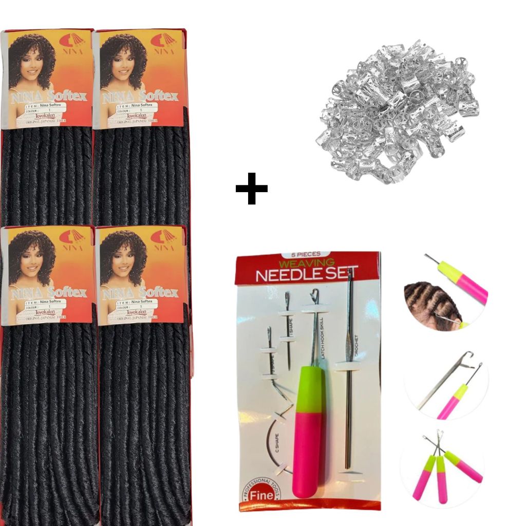 Kit Completo 4 Nina Softex Preto + Agulha Crochet + Anéis monte tranças e dreads com muito mais praticidade
