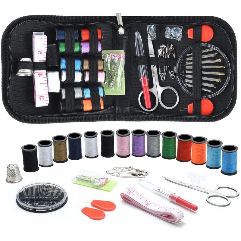 KIT COSTURA VIAGEM ESTOJO PRETO COM ZIPER LINHAS AGULHAS COMPLETO