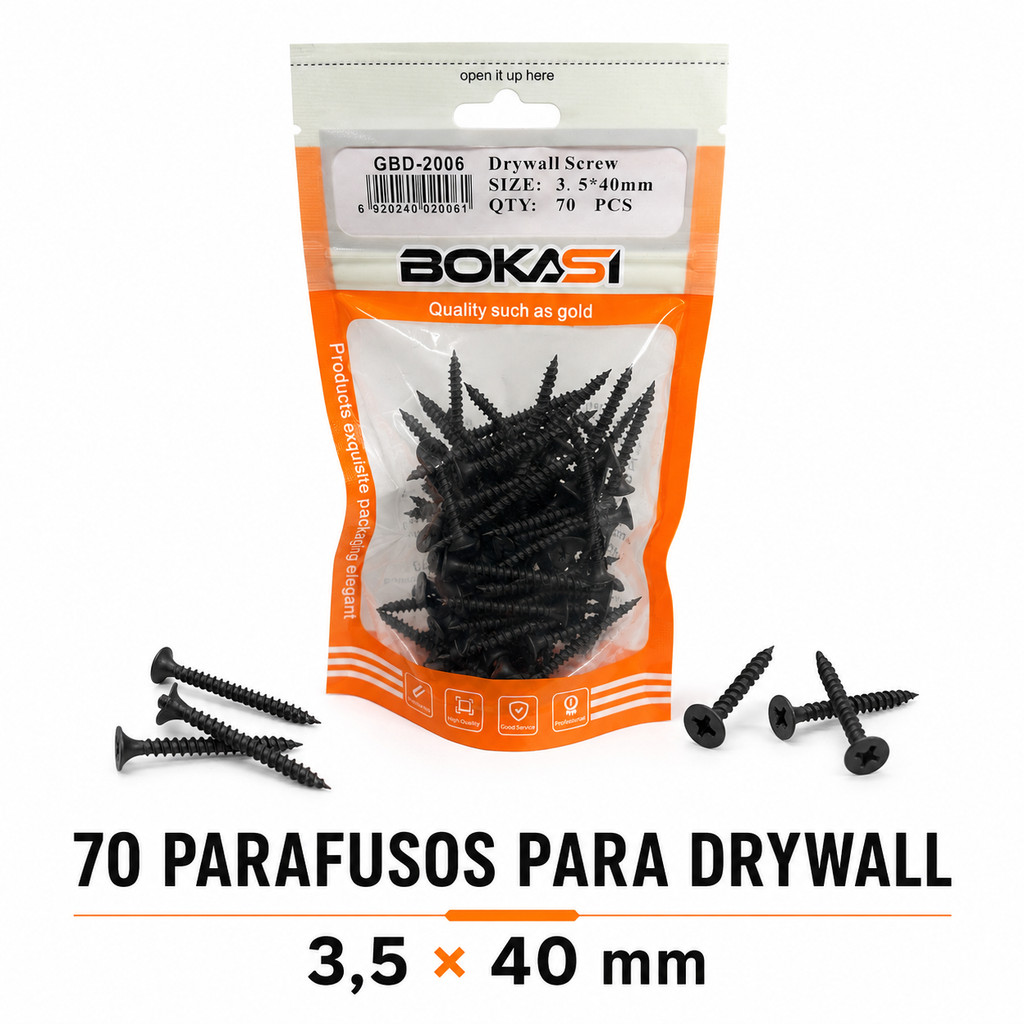 Kit 70 Parafusos para Drywall 3,5x40mm Preto Ponta Agulha Cabeça Phillips BOKASI