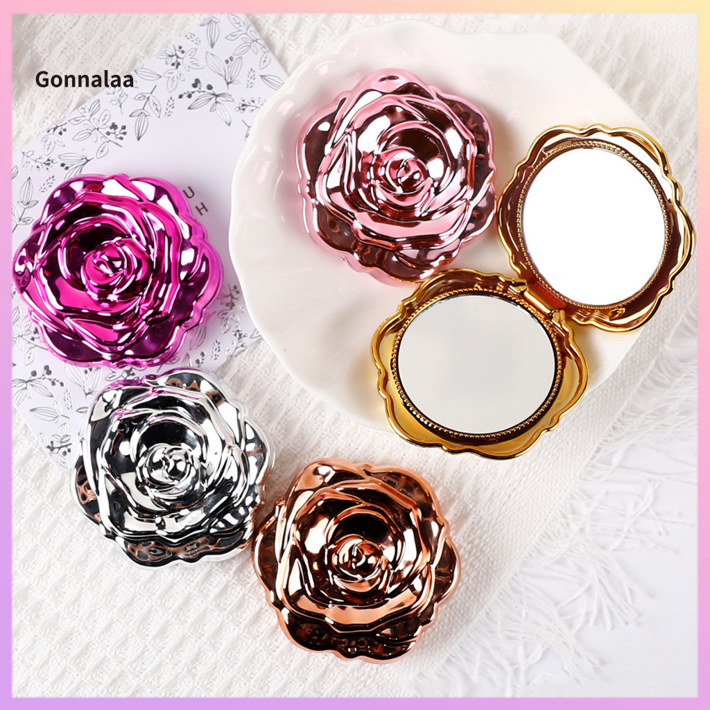 Electroplating Rose Double-sided Foldable Travel Makeup Mirror – Portable Vintage Pocket Handheld Vanity for Women and