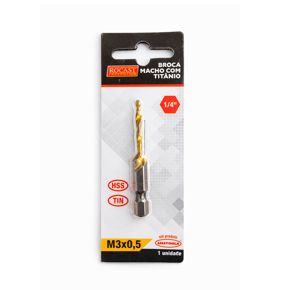 Broca Macho Aço HSS-TiN M3 x 0.5mm com Encaixe 1/4