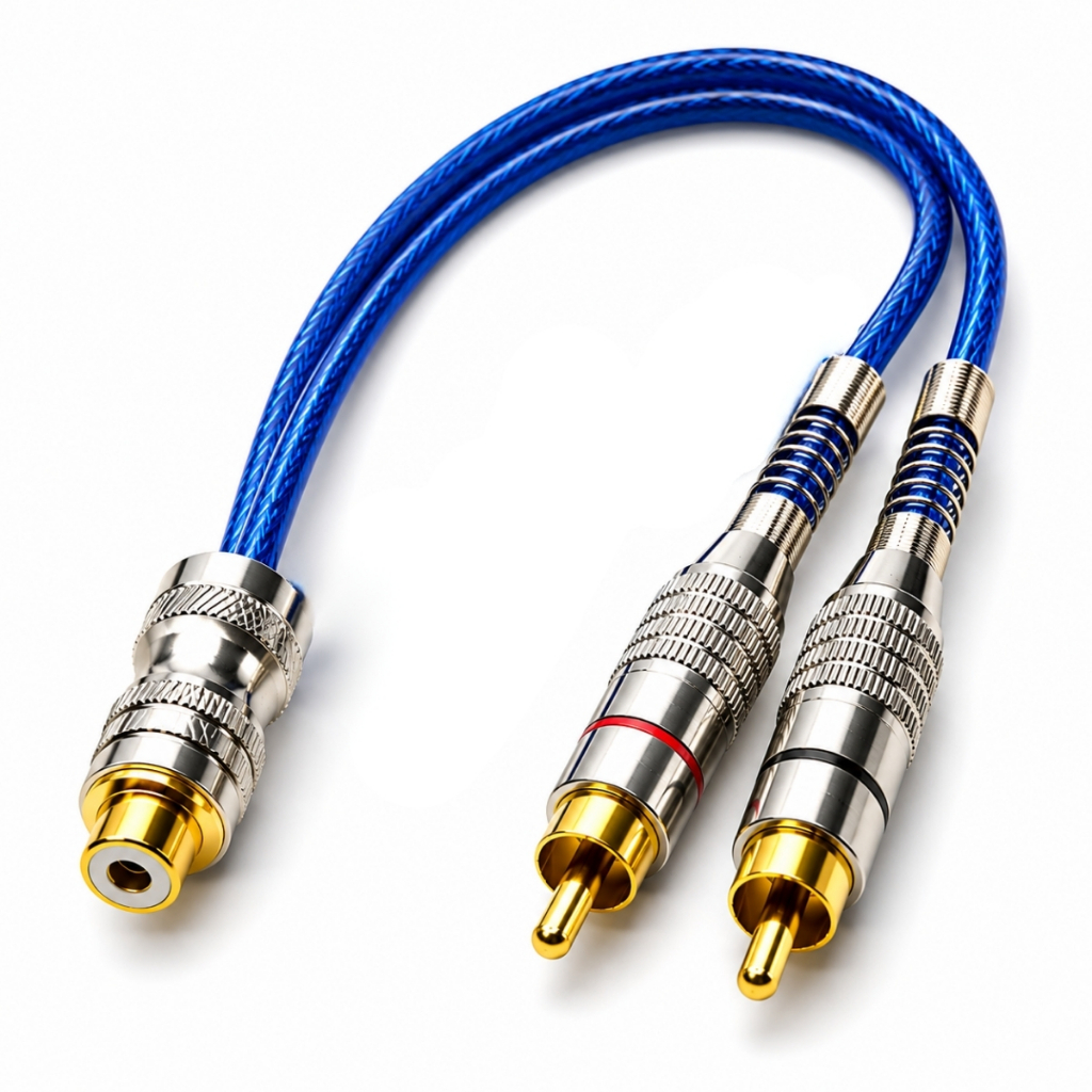 Cabo Y RCA Som Automotivo Svart Prime 5mm Azul Dupla Blindagem Anti Ruído Banhado a Ouro 1 Fêmea 2 Machos Fio OFC