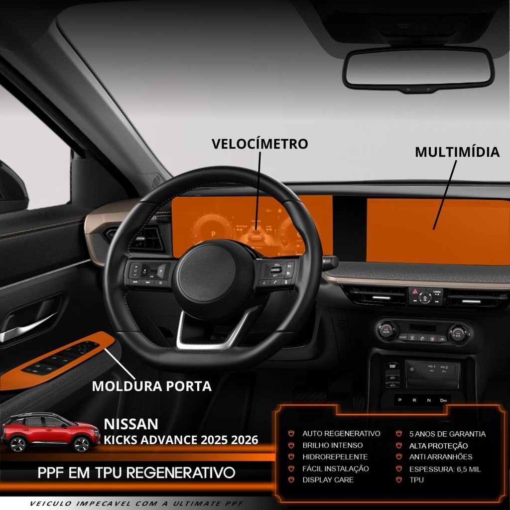 Película PPF Proteção Kit Interior Completo Nissan Kicks Advance 2025 2026 2027 Transparente TPU Anti Risco