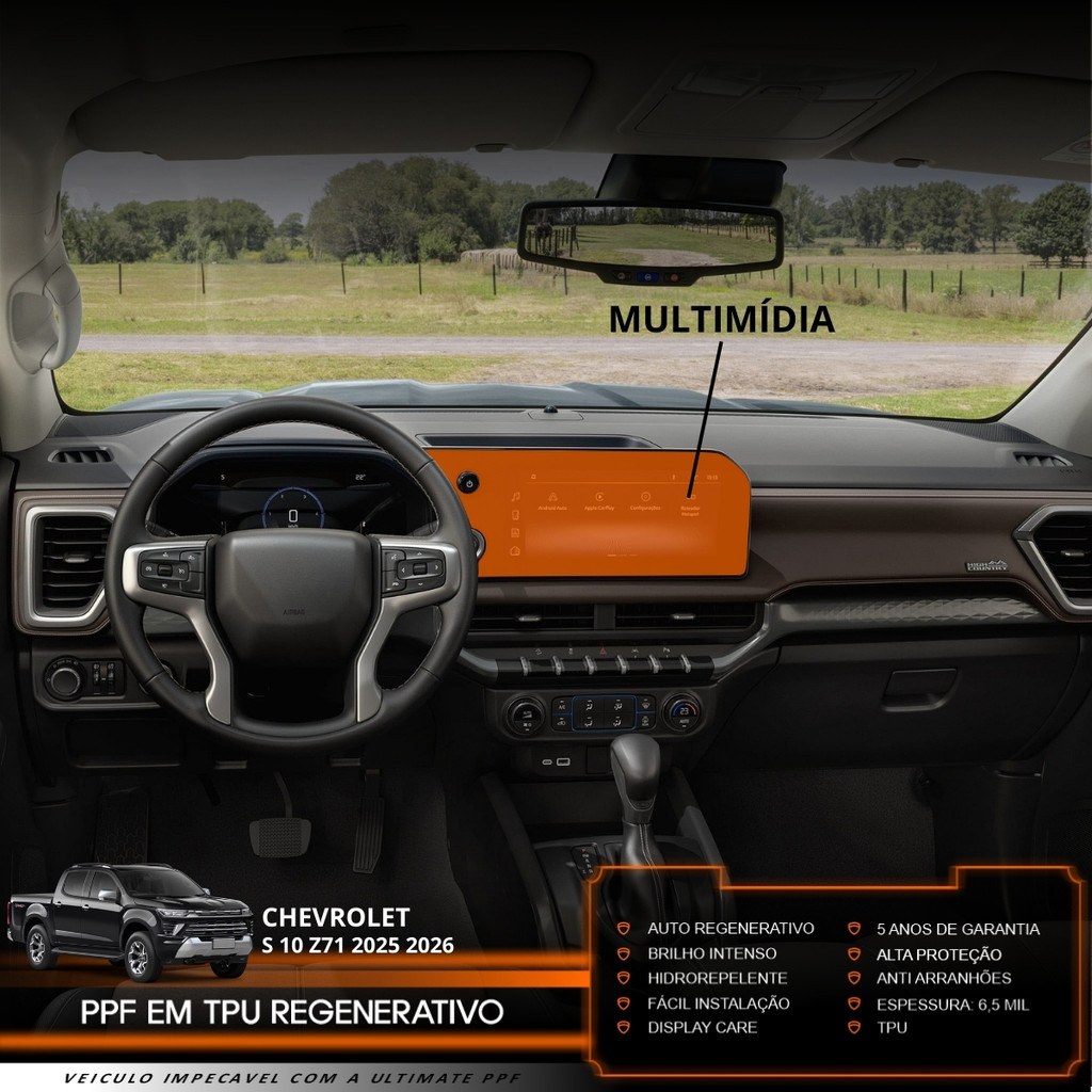Película PPF Proteção Kit Multimídia Chevrolet S10 Z71 2025 2026 Transparente TPU Anti Risco