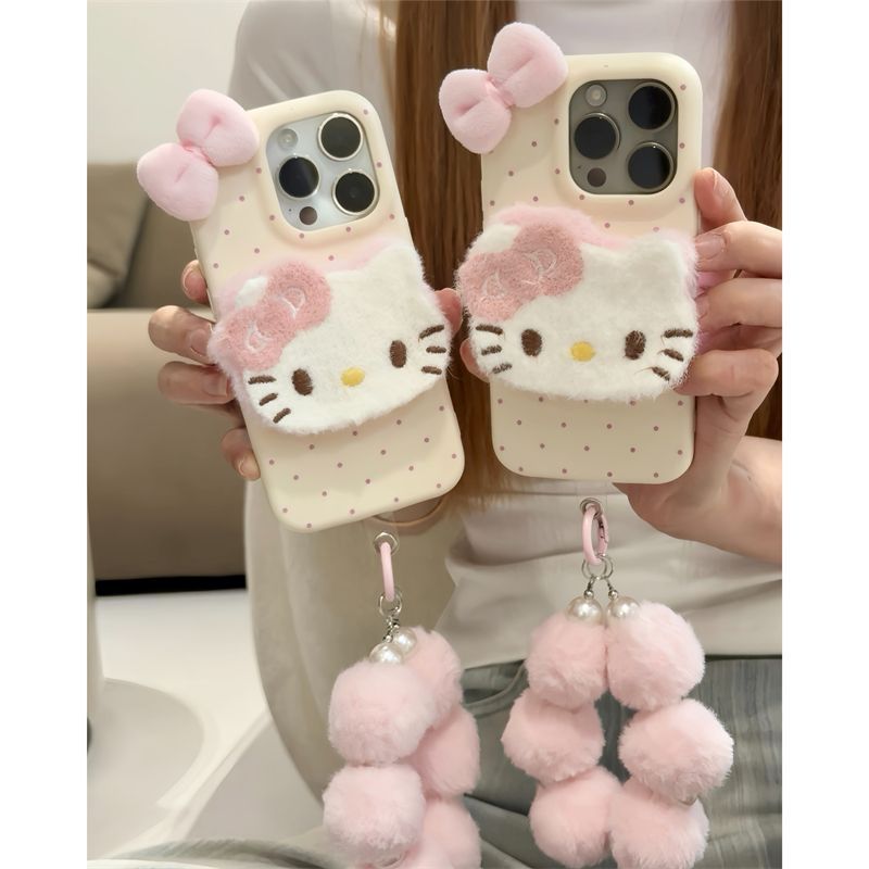 Corrente de boneca com suporte de pelúcia kt adequada para iPhone16promax Apple 15 capa de telefone 14 textura de couro