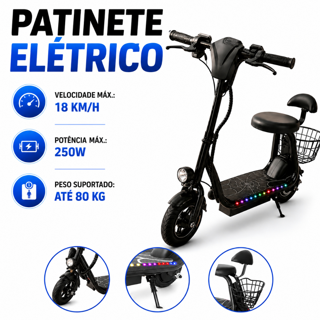 Patinete Elétrico Infantil e Juvenil Spider Aranha 250W LED Até 80kg