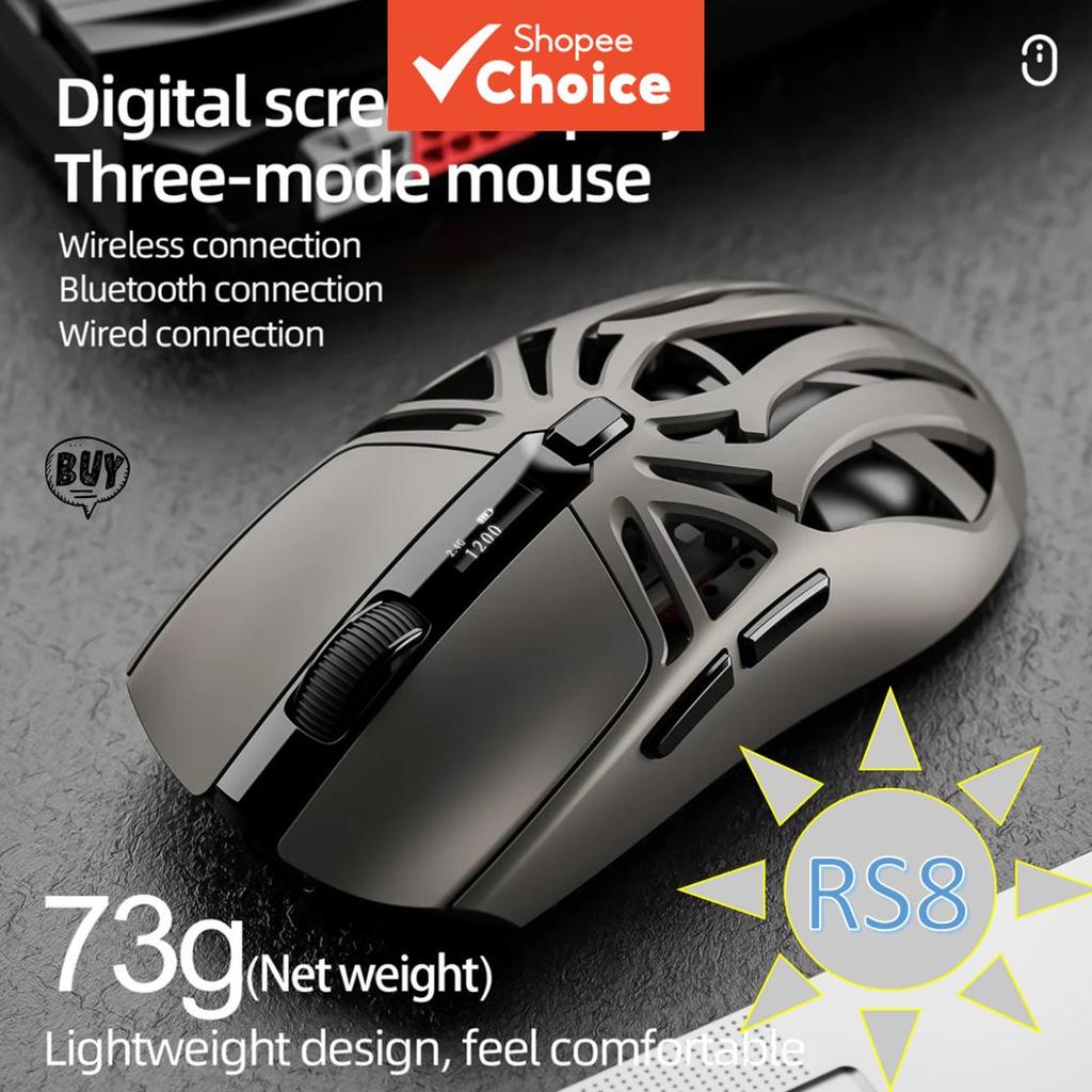 O mouse digital SMAILWOLF RS8 com tela digital apresenta design leve de 73g para maior conforto, troca de modos duplo e