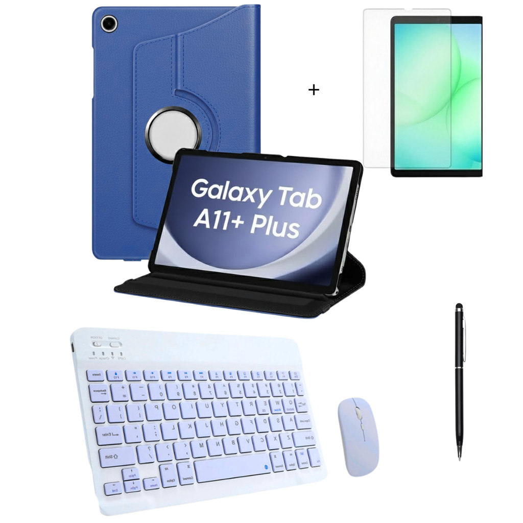 Kit Capa Giratória Para Tab Galaxy  A11 Plus + Película + teclado e mouse + caneta touch