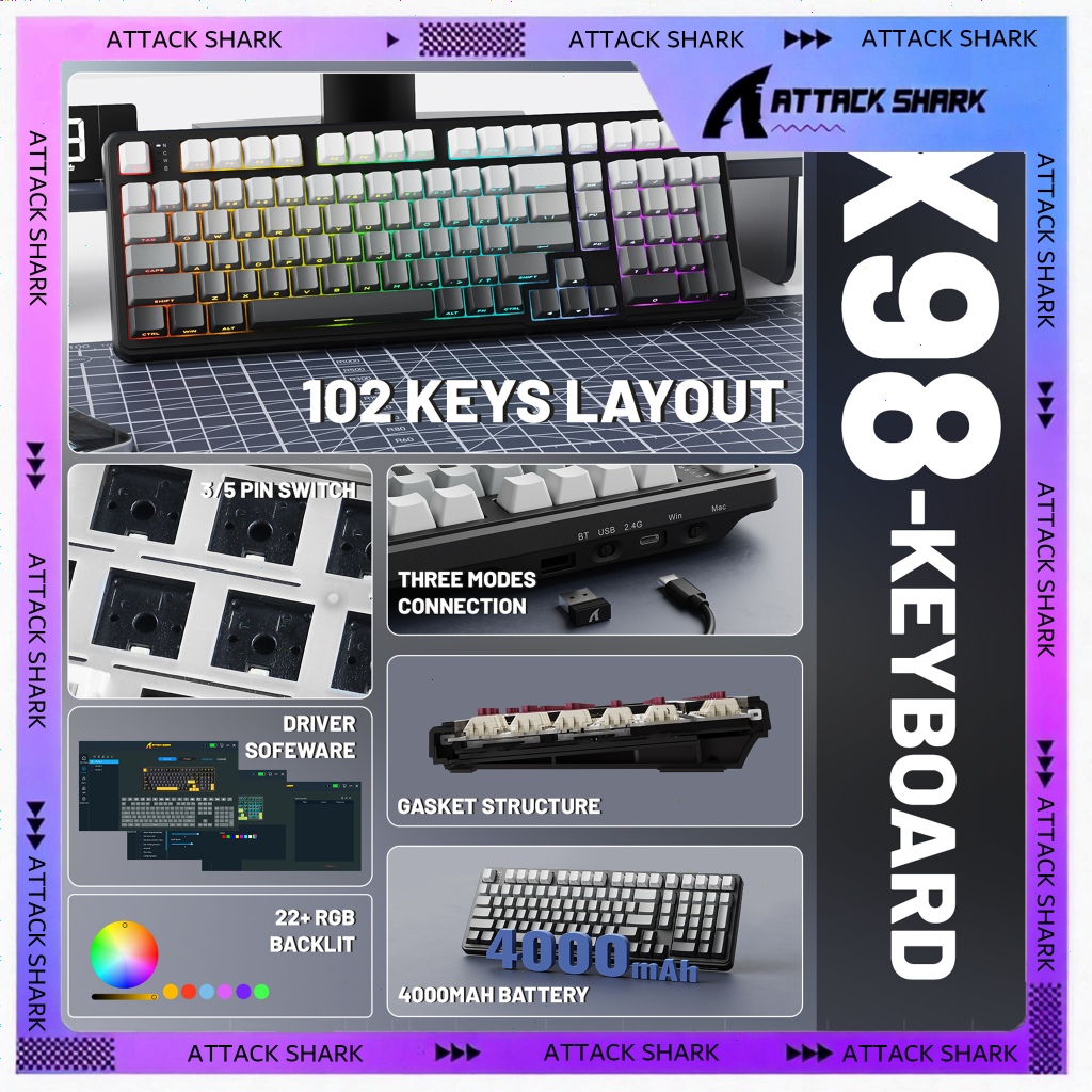 ATTACK SHARK X98 Wireless Mechanical Keyboard with Screen & Knob, Gasket Hot Swappable, 102 Keys