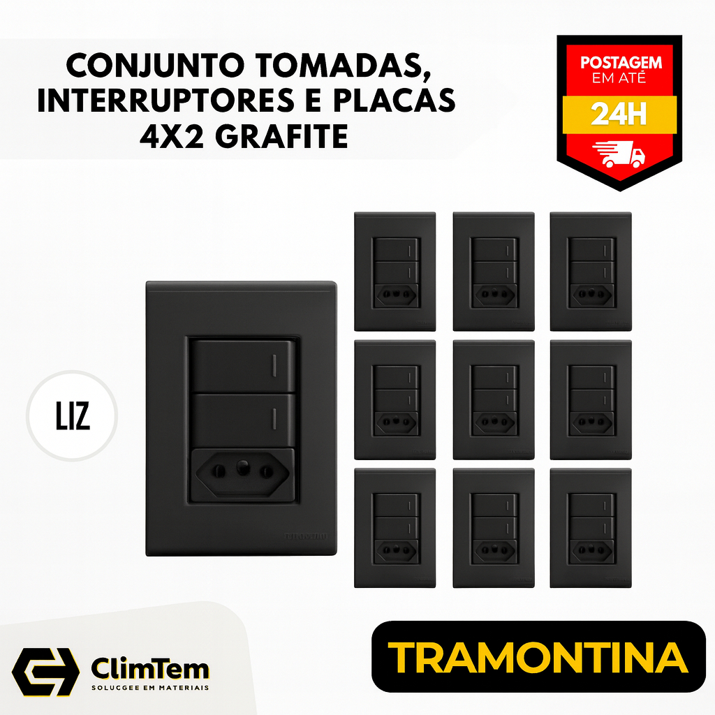 Conjunto Tomadas Com Interruptores e Placas 4x2 Grafite Tramontina Liz
