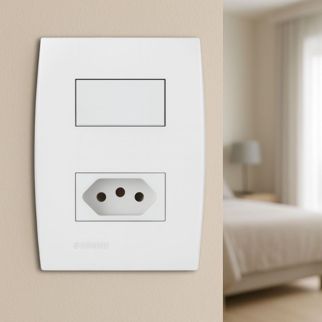 Conjunto Placa 4x2 Interruptor Simples e Tomada 20A Siemens Soprando Ilus